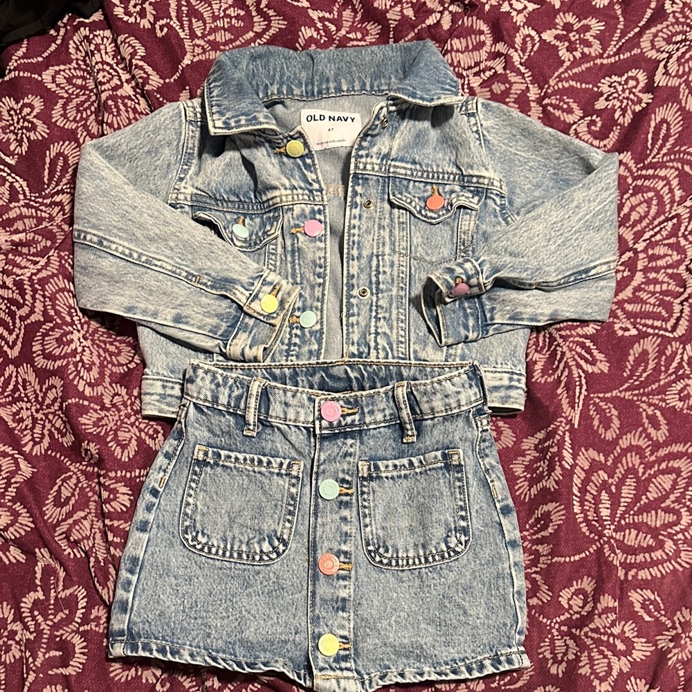 Old Navy Kids Jean Jacket and Skirt Set - Light Blue with Colorful Buttons